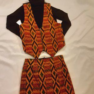 Vintage kente print mini skirt and vest set size 8